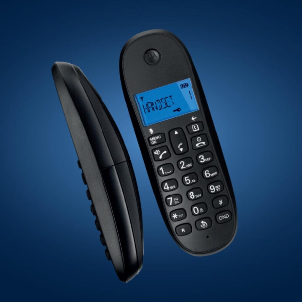 Motorola C1001CB+ black cordless handset and base shown side by side on a blue background