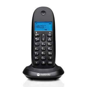 Motorola C1001CB+ black cordless phone handset docked on its charging base, front view