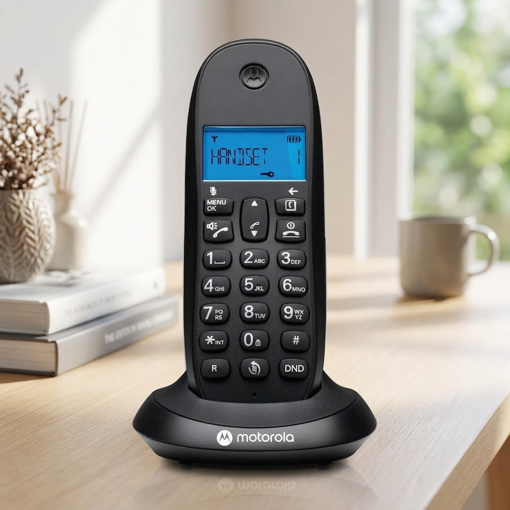 Motorola C1001CB+ black cordless phone and charging base on a wooden table with a coffee cup and books nearby