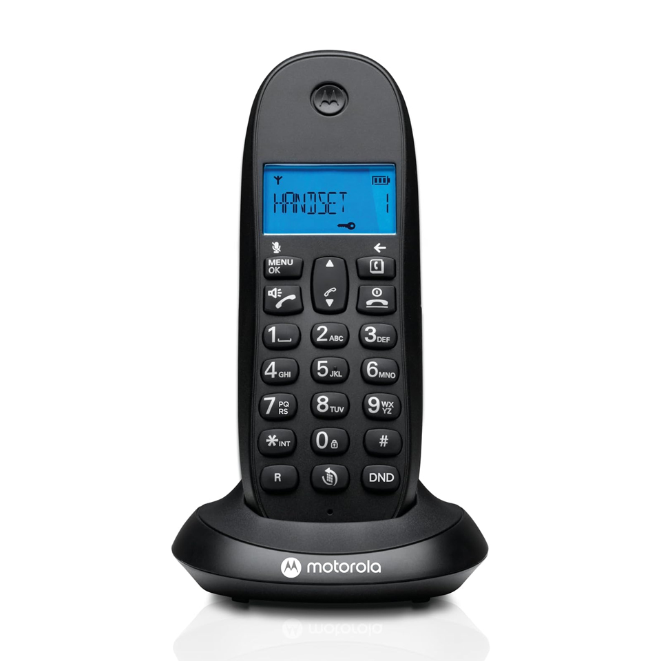 Motorola C1001CB+ black cordless phone handset docked on its charging base, front view