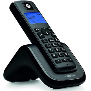 Motorola T201+ black cordless phone on charging base, angled side view showing keypad and display