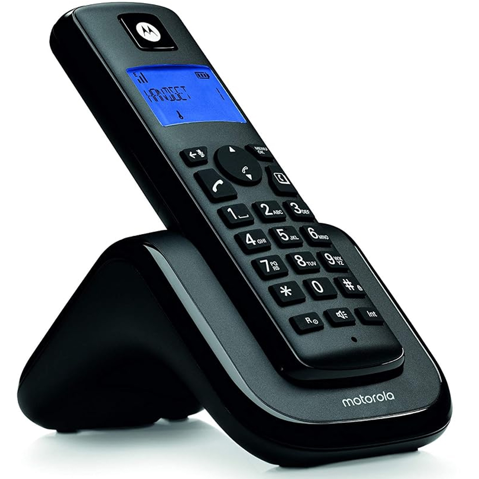 Motorola T201+ black cordless phone on charging base, angled side view showing keypad and display