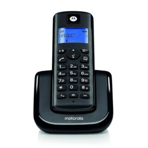 Motorola T201+ black cordless phone handset docked on its charging base, front view