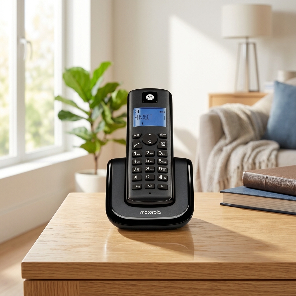 Motorola T201+ cordless telephone and charging base placed on a wooden side table in a living room setting