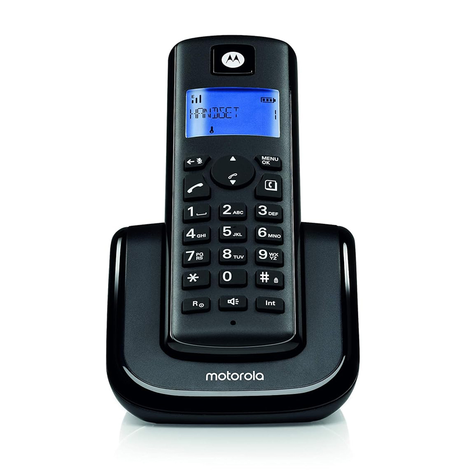 Motorola T201+ black cordless phone handset docked on its charging base, front view