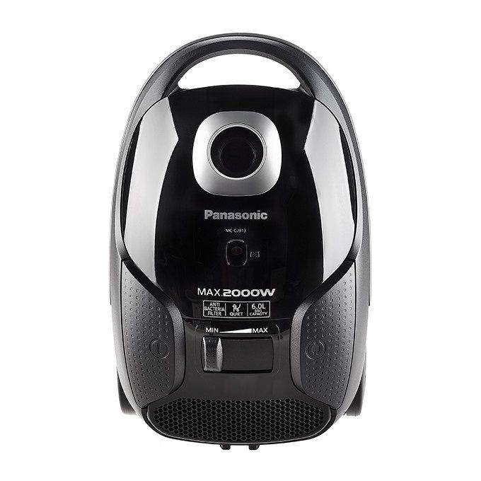 Black Panasonic MC-CG713 bagged vacuum body featuring HEPA filter, telescopic wand icon, blower function, and 6.0L capacity indicator.
